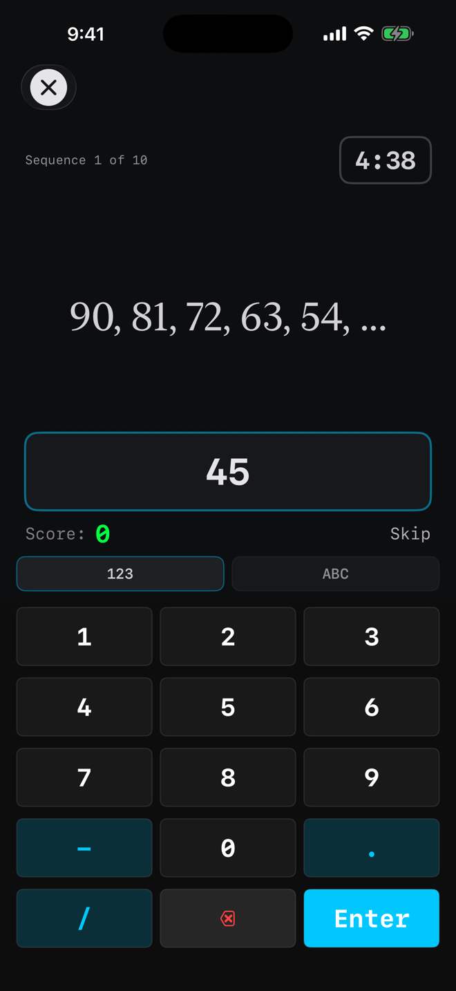 Variance number sequence training mode with a countdown timer and numeric answer pad